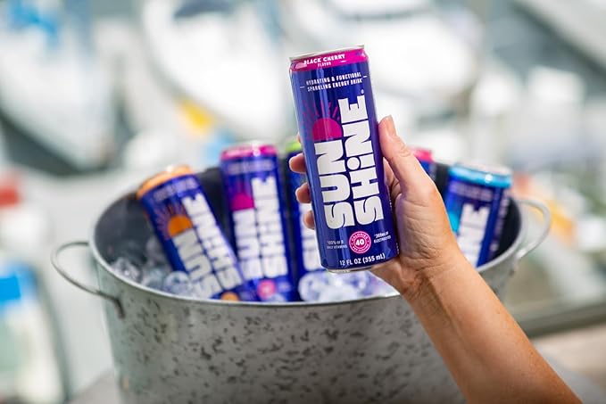 Sunshine Sparkling Energy Drink Black Cherry with Daily Essential Vitamins 360mg of Electrolytes 70mg of Natural Caffeine 12 Fl Oz (Pack of 12)
