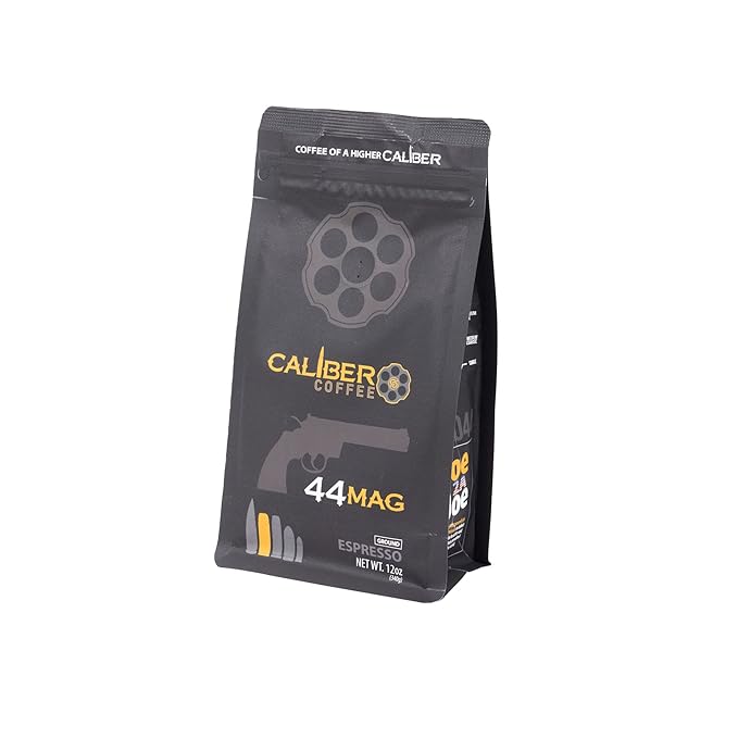 Caliber Coffee .44 Mag Ground Espresso Roast – Bold Smooth Rich Crema Flavors – 100% Artisan Roasted Arabica Coffee – Small-Batch Hand-Crafted – Veteran Owned – 12oz Bag