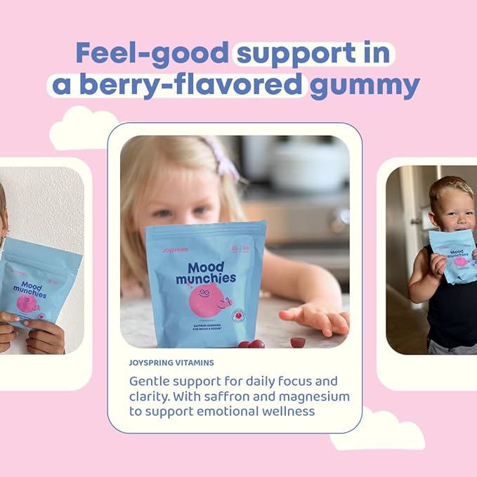 JoySpring Mood Munchies Saffron Gummies for Kids 4+ | Saffron Extract Supplement with GABA Passion Flower &amp St Johns Wort | Sugar Free Vegan Brain Support &amp Kids Focus Gummies | Crafted in US