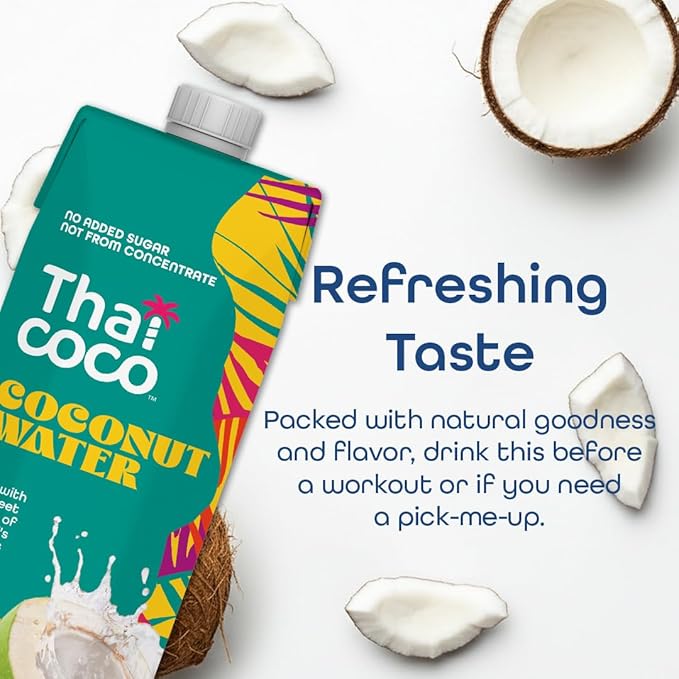 Thai Coco Organic Coconut Water 100% Pure &amp Unsweetened No Sugar Added USDA Organic Natural Electrolytes Hydration Drink 33.8 fl oz Tetra Carton (Pack of 6)