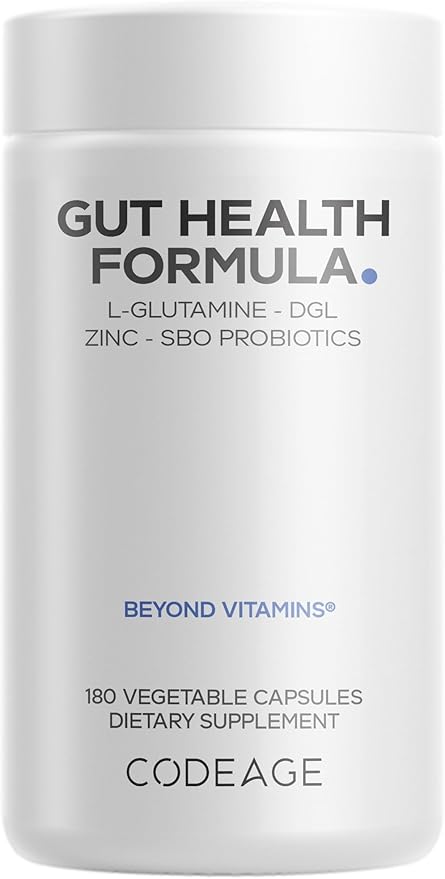 Codeage Gut Health Supplements Vegan Formula - L Glutamine Zinc Turkey Tail Mushroom Powder Tonic Mushroom Maitake Micro Algae Mineral Licorice Root DGL - Probiotics Prebiotics - 180 Capsules