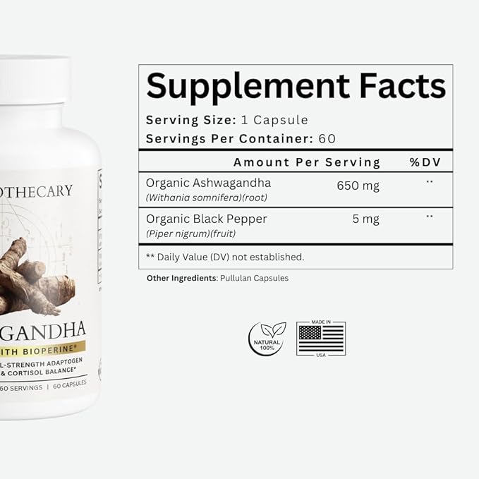 Organic Ashwagandha with BioPerine® | 600mg Root Extract | Black Pepper for Absorption | 60 Vegetarian Capsules | Non-GMO Gluten Free