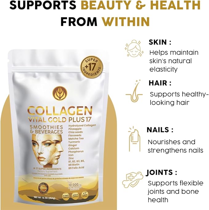 Vital Life Collagen Peptides Powder - Hydrolyzed Collagen with +17 Super Ingredients 1 lb Pineapple Flavor Supplement for Healthy Hair Skin Nails Bones Joints Collagen for Women &amp Men.