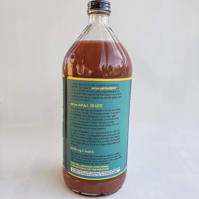 Organic Only MANGOSTEEN 100% Pure Juice 32oz (1qt) Xanthone Pericarp Vitamin &amp Antioxidant Rich Liquid Fruit Puree 30g of Whole Superfruit Per Serving Gluten-Free Vegan Non GMO in GLASS Bottle