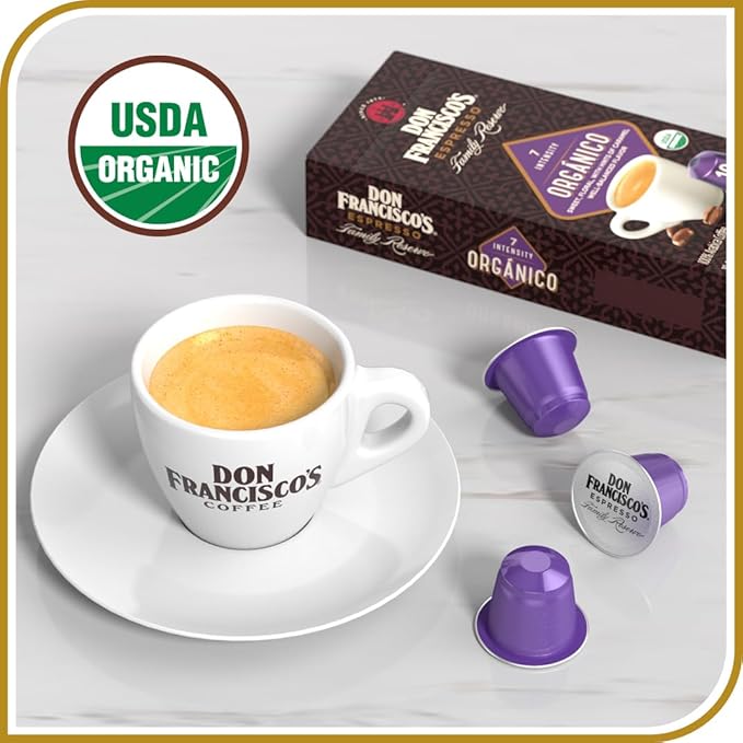 Don Francisco's Organico Espresso Pods: 80 Dark Roast Aluminum Capsules Intensity 7 Compatible with Nespresso Original Line Machines - Bold Cuban-Style coffee with Caramel Notes