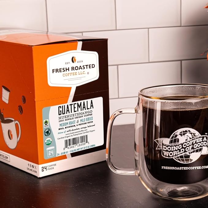 Fresh Roasted Coffee Organic Guatemala | Single Origin USDA Organic Mold &amp Myco 3rd Party Tested Kosher | 72 Pods for K Cup Brewers