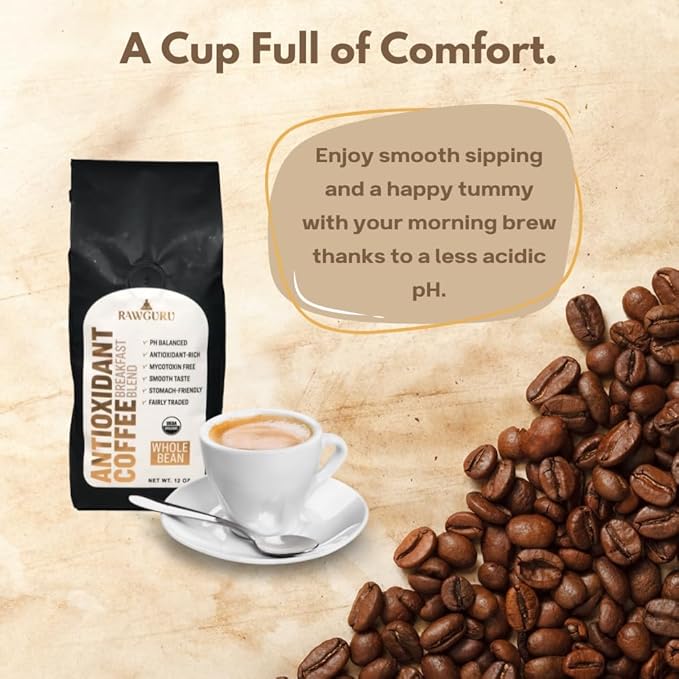 RawGuru Organic Antioxidant Coffee Breakfast Blend Gluten-Free Fairly Traded Shade Grown and Rainforest Alliance Certified Arabica Whole Bean 12 oz