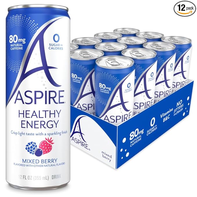 ASPIRE® Mixed Berry Healthy Energy Drink 80mg Natural Caffeine Zero Sugar No Carbs Keto Friendly 12 Pack Green Tea Sugar Free Drink Low Caffeine Zero Calorie