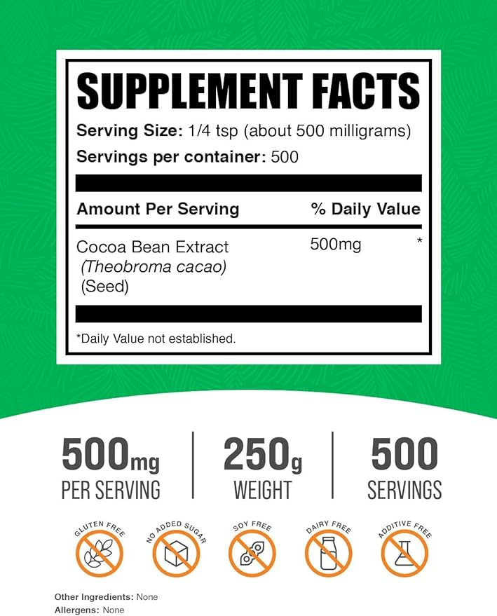 BulkSupplements.com Cocoa Bean Extract Powder - Cocoa Supplement - Unsweetened Vegan &amp Gluten Free 500mg per Serving 250g (8.8 oz) (Pack of 1)