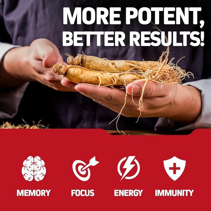 Herbtonics Korean Red Panax Ginseng 1500mg - Energy Supplement for Peak Performance Focus &amp Vitality - High Potency Ginseng Root Extract - 120 Vegan Capsules