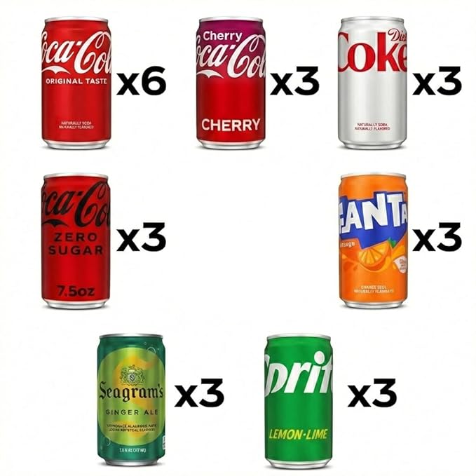 Coca-Cola Variety Pack – 24 Pack Assorted Mini Soda (7.5 Fl Oz Cans) – Coke Cherry Coke Diet Coke Coke Zero Fanta Orange Seagram’s Ginger Ale &amp Sprite