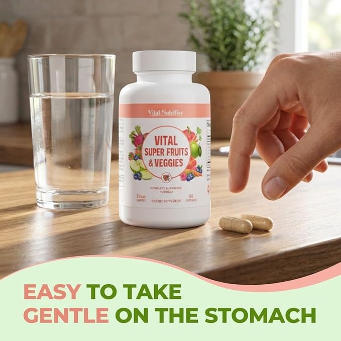 Vital Super Fruits &amp Veggies - Daily Superfood Capsules for Adults - Fruit &amp Vegetable Supplements to Boost Immunity &amp Energy - 2-in-1 Formula for Overall Wellness