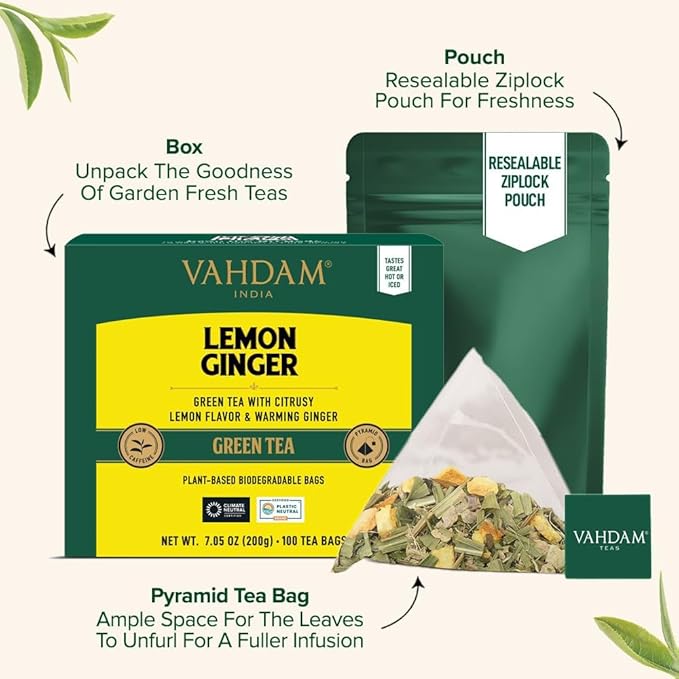 VAHDAM Lemon Ginger Tea Bags (100 Green Tea Bags) Low Caffeine | Fruity Flavor - Zesty Lemon &amp Ginger Orange Peel | Resealable Ziplock Pouch | Brew Hot or Iced Tea