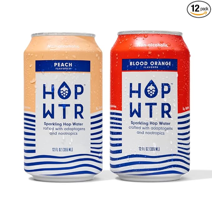 HOP WTR Sparkling Hop Water Peach 6 Pack Blood Orange 6 Pack Sugar Free Low Carb Non Alcoholic Drinks NA Beer Adaptogen Drink No Calories Adaptogens &amp Nootropics for Added Benefits 12 oz C