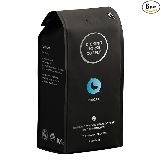 Kicking Horse Coffee Decaf Swiss Water Process Dark Roast Whole Bean - Certified Organic Fairtrade Kosher Coffee 10 Ounce (Pack of 6) - Packaging May Vary