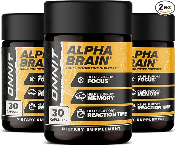 ONNIT Alpha Brain Nootropic Capsules for Men &amp Women IGEN Non-GMO Tested Memory Focus &amp Mental Clarity with L-Theanine and Vitamin B6 30 Count Each Pack of 3 (90 Capsules)
