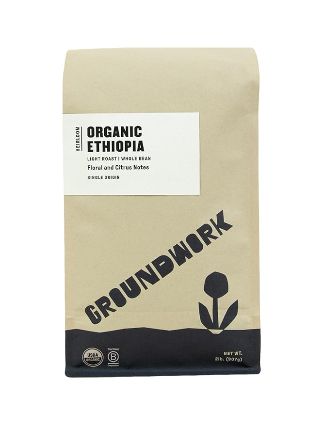 GROUNDWORK Ethiopia Heirloom Blend - Whole Bean Coffee Light Roast - Organic Single Origin Coffee - 2lb Bag