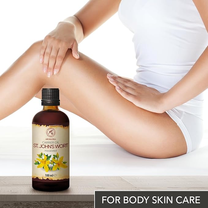 AROMATIKA St Johns Wort Infused Oil 3.4 Fl Oz - 100ml - Hypericum Perforatum - 100% Pure &amp Natural - St. John's Wort Oil for Intensive Care Face - Body - Skin - Hair - Massage - Great w/Essential