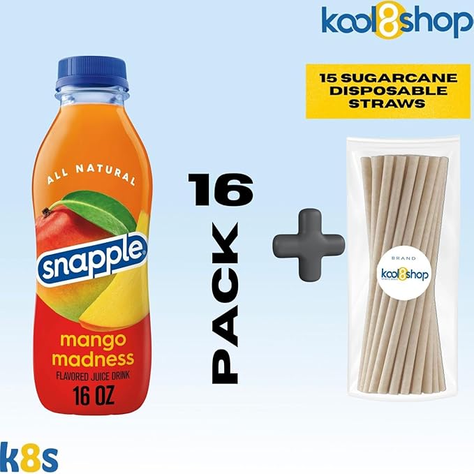 Snapple Mango Madness All Natural Fruit Juice 16 fl oz Plastic Bottle 16 Pack + 15 Sugarcane Disposable Straws by KOOL8SHOP Infinite Deals