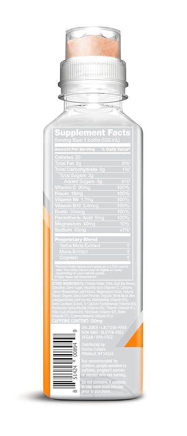 Karma Energy Drink – 12 Pack Orange Mango Caffeinated Water with Cognizin® Nootropics Vitamins &amp Immune Support Low Calorie