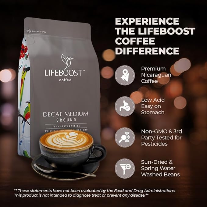 Lifeboost Medium Roast Swiss Water Decaf Coffee Ground - Non-GMO Low Acid Single Origin USDA Decaf Organic Coffee - Third Party Tested For Mycotoxins &amp Pesticides - 12 Ounces