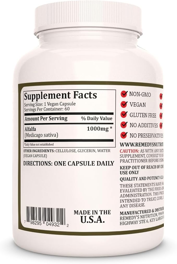 Remedy’s Nutrition Alfalfa - 1000 mg 60 Vegan Capsules Herbal Dietary Supplement - Two Month Supply
