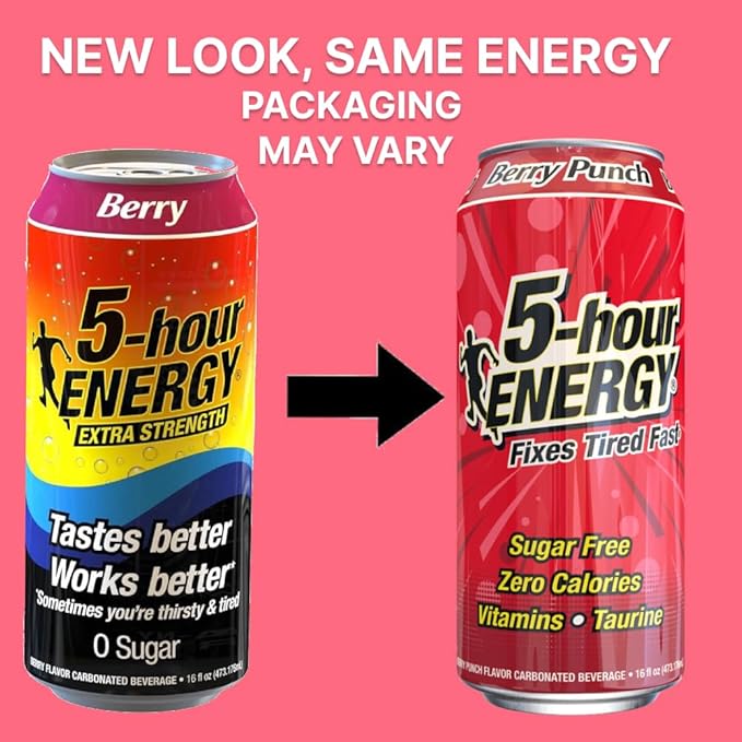 5-hour ENERGY Extra Strength Energy Drink | Berry Flavor 16 oz. Cans 12 Count Sugar-Free &amp Zero Calories Vitamins Amino Acids Contains Carbonation 230mg of Caffeine 192 ounces (16 Fl Oz (Pack of 1