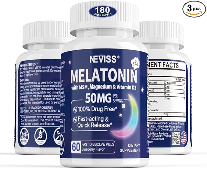 NEVISS Melatonin 50 mg for Adults - Extra Strength 9-in-1 Fast Dissolve Sublingual - High Dose with Magnesium Glycinate Vitamin D3 Ashwagandha Lemon Balm Chamomile Sugar Free Vegan 180 Tablets