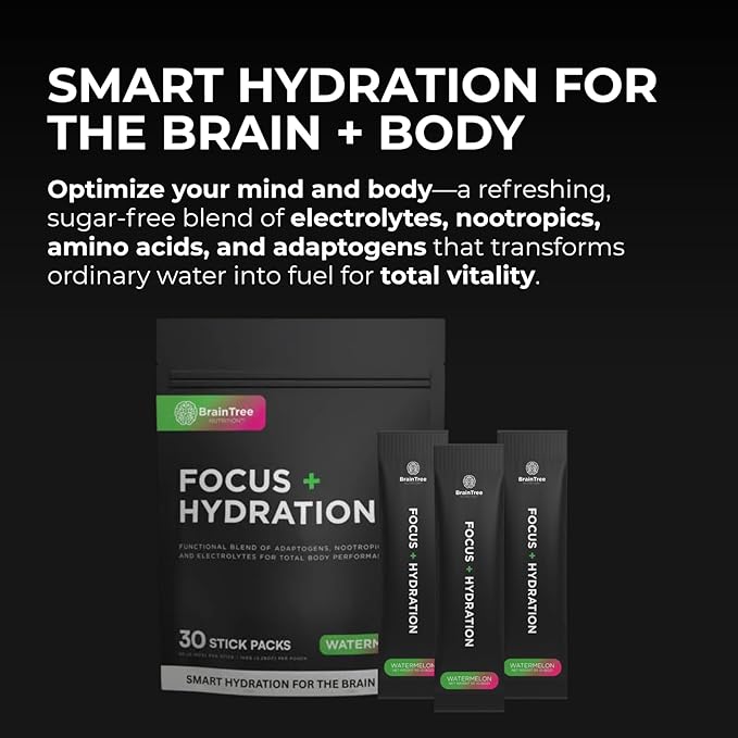 BrainTree Nutrition - Focus + Hydration - Electrolyte Drink Mix - Total Body Hydration - Supports Cognitive Function Energy &amp Muscle Recovery - Sugar Free - Watermelon - 30 Stick Packs