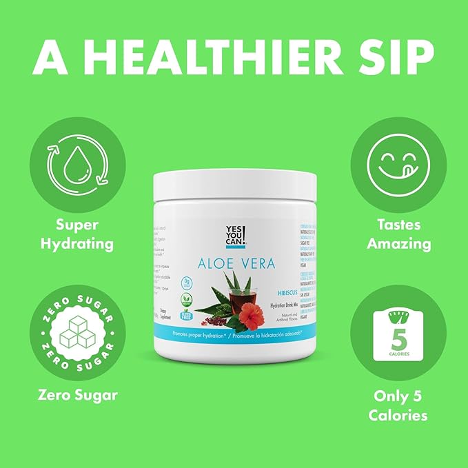 Yes You Can! Aloe Vera Powder Drink Mix - Hydration Booster Infused with Pure Organic Aloe Vera Extract - Delicious Flavors - Made in USA - Antioxidant Rich - Hibiscus Flavor - 40 Servings Per Caniste