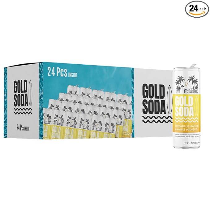 Gold Soda - Natural Ingredients - Organic Cane Sugar - Non-GMO - No Preservatives - Monk Fruit - Sparkling Water - Made with Natural and Organic Flavors 12 Fl Oz (24 Pack) (24 Pack Pineapple Mango)