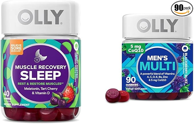 OLLY Muscle Recovery Sleep Gummies Sleep and Sore Muscle Support 3mg Melatonin Tart Cherry &amp Men's Multivitamin Gummy Overall Health and Immune Support Vitamins A C D E B Lycopene