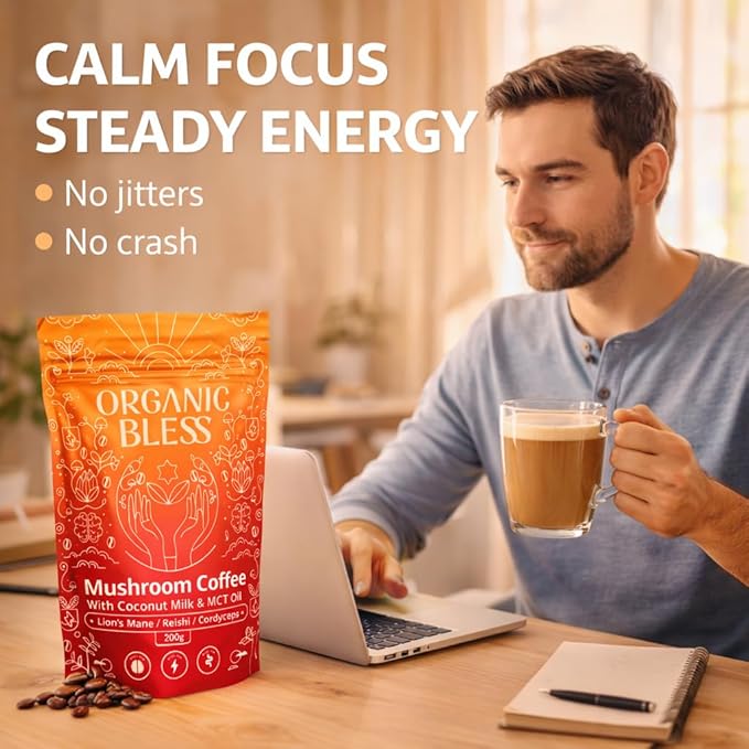 Organic Bless Instant Mushroom Coffee Powder – Organic Lion’s Mane Reishi &amp Cordyceps Blend for Energy Focus &amp Clarity – Adaptogenic Coffee with Coconut Milk &amp MCT Oil – 30 Servings