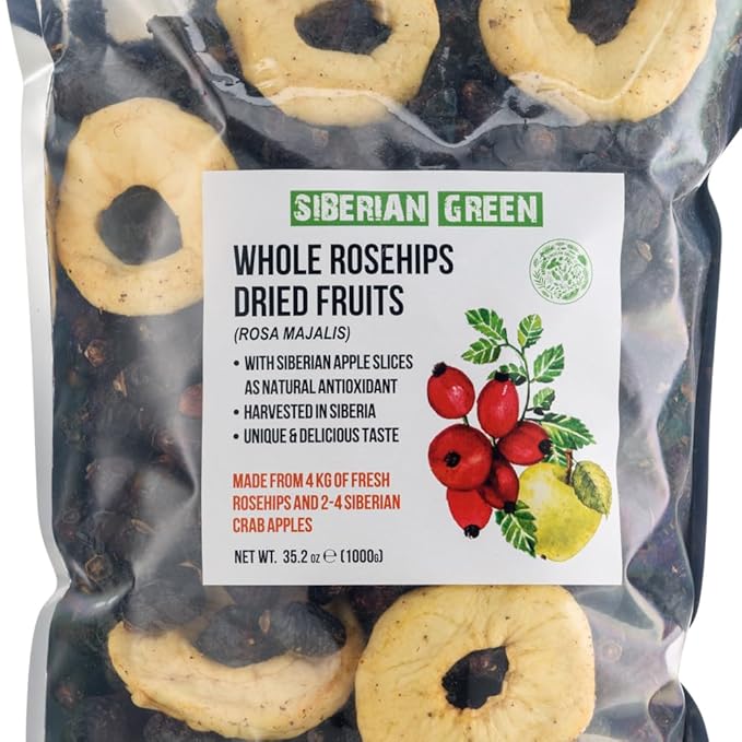 Siberian Dried Rose Hips Whole Seeds 1 kg (2.2 pounds) - Rosehips Herbal Tea Directly from Siberia Altai Mountains and Taiga with Apples slices as antioxidant