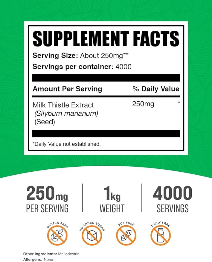 BulkSupplements.com Milk Thistle Extract Powder - Herbal Supplement Milk Thistle Supplement - Gluten Free 250mg per Serving 1kg (2.2 lbs) (Pack of 1)