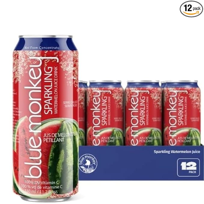 Blue Monkey Sparkling Watermelon Juice - Real Fruit Juice No Sugar Added All Natural Lightly Carbonated Halal Certified - Refreshing Tropical Sparkling Water Alternative - 11.2oz (330ml) 12 Pack