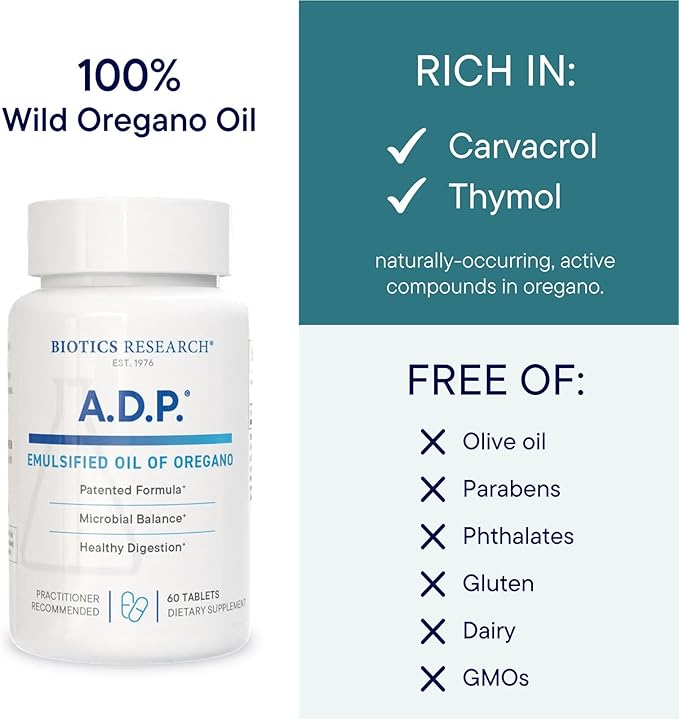 Biotics Research A.D.P. Emulsified Oil of Oregano Tablets for GI Health -Sustained Release for High Absorption Contains Carvacrol Wild Oregano Oil 50mg/S - Patented Formula -Non GMO –60 Tablets