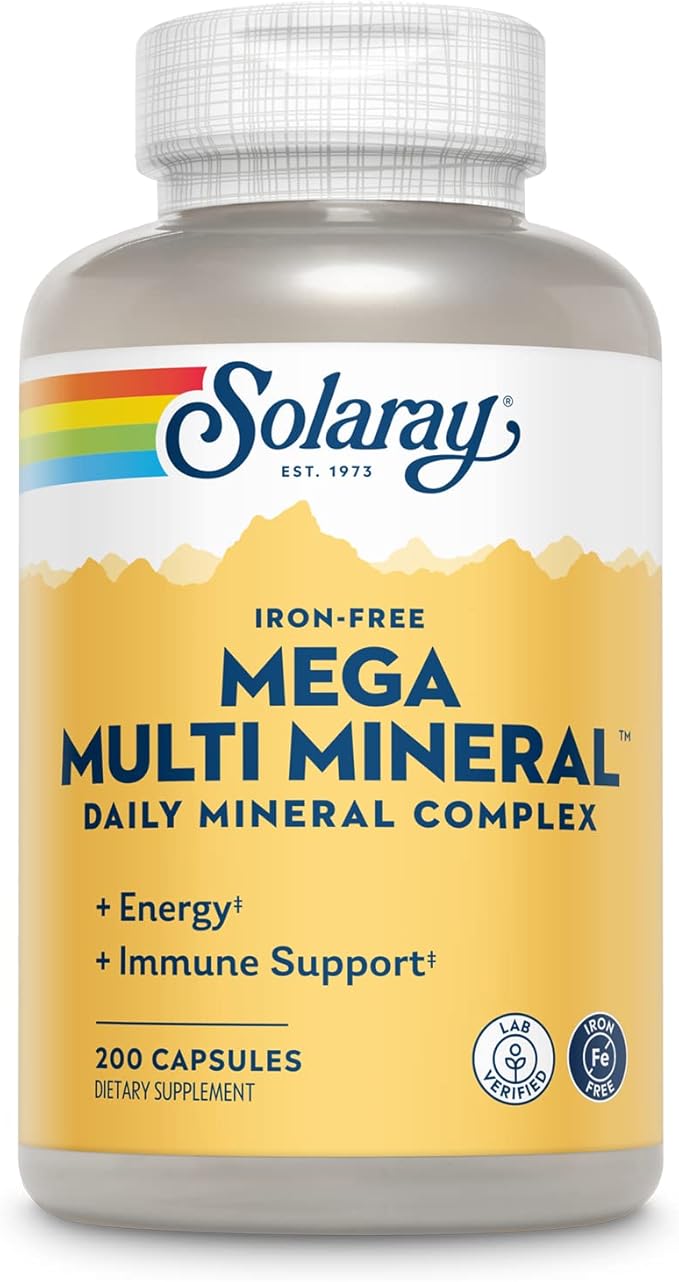 SOLARAY Mega Multi Mineral Iron Free - Daily Mineral Supplement w/Trace Minerals Electrolytes Calcium Magnesium Zinc Selenium Boron -Cellular Energy Immune Support 60-Day Guarantee 50 Serv
