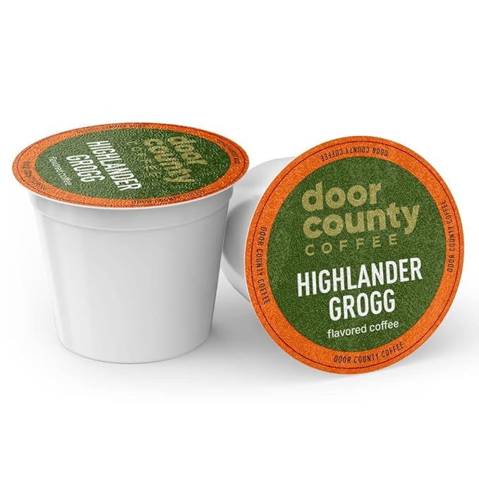 Door County Coffee Highlander Grogg Flavored Ground - 60 Count Single Serve Cups - Medium Roast - 100% Specialty Arabica - Flavored Gourmet - Caramel &amp Irish Cream