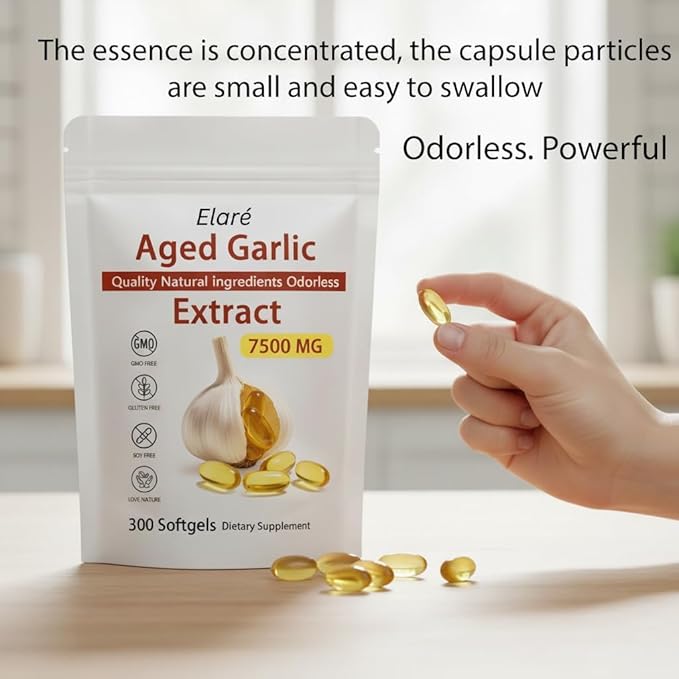 ELARE Aged Garlic Extract - 7500mg Odorless Per Servings Potent Antioxidant Supplement Immune Support Vegetarian All-Natural Non-GMO 300 Softgels