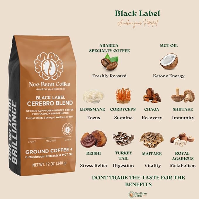 Neobean Black Label Cerebro Blend 12 oz Bag - Freshly Roasted Specialty Coffee with 8 Adaptogen Mushrooms &amp MCT Oil - Mushroom Coffee