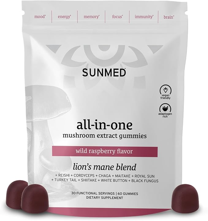 SUNMED All-in-One Mushroom Gummy Supplements for Focus Energy Mood &amp Immune Support – 10 Functional Mushrooms (Lion’s Mane Reishi Cordyceps Chaga) | Wild Raspberry Flavor 60ct