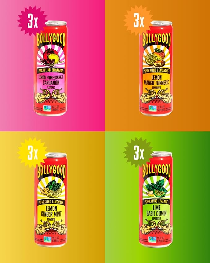 Bollygood Sparkling Lemonade Variety Pack Indian Inspired Beverage Nimbu Pani No Artifical Colors or Flavors Non-GMO Project Verified12 FL OZ Cans (Pack of 12)