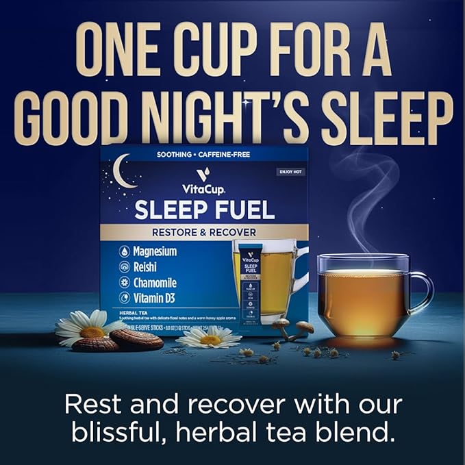 VitaCup Sleep Fuel Instant Tea Packets for Deep REM Sleep Relax &amp De-Stress w/Chamomile Magnesium Vitamin D3 Coconut Water Coconut Milk Potassium Calming for Full Body Relaxation 24Ct