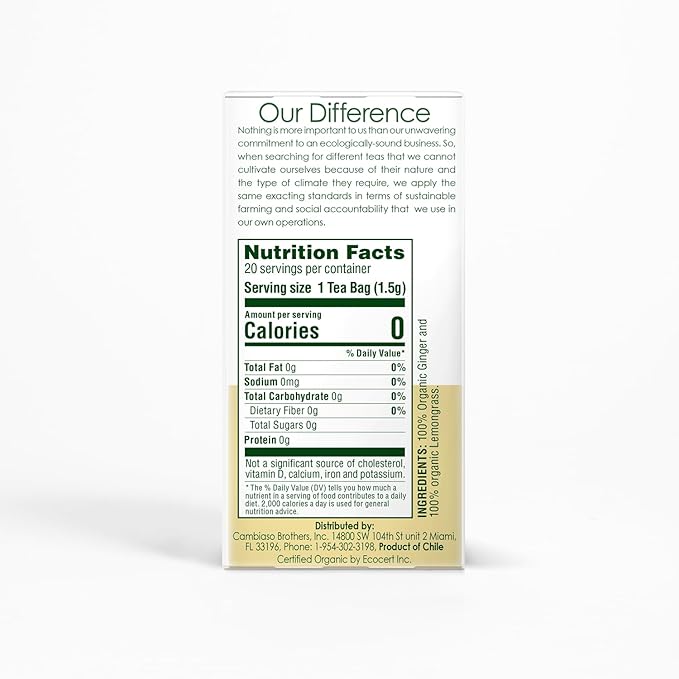 Garden of the Andes - Organic Ginger Lemongrass Tea - 20 Tea Bags/Box Pack of 6 (120 ct.) - Caffeine-Free Herbal Infusion - Supports Digestive Wellness &amp Calming Comfort