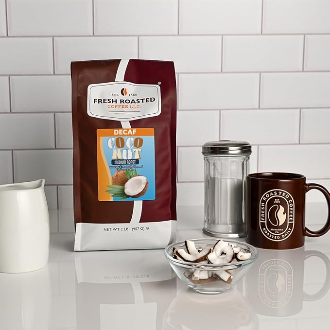 Fresh Roasted Coffee Decaf Coconut Flavored Coffee 2 lb (32 oz) Medium Roast Kosher Whole Bean