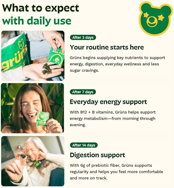 Gruns Adult Super Greens Multivitamin Gummies Superfood Gummy Vitamins for Women and Men with Spirulina Chlorella Adaptogens &amp Prebiotic Fiber for Digestive Health (28 Count) (Pack of 2)