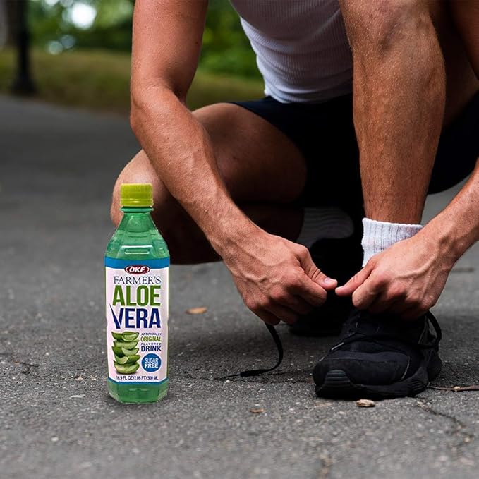 OKF Aloe Vera Half Organic and Half Farmers Sugar free drinks- Aloe Vera Juice with Chewable Aloe Added 16.9 Fluid Ounce (Organic and Sugar Free 12)