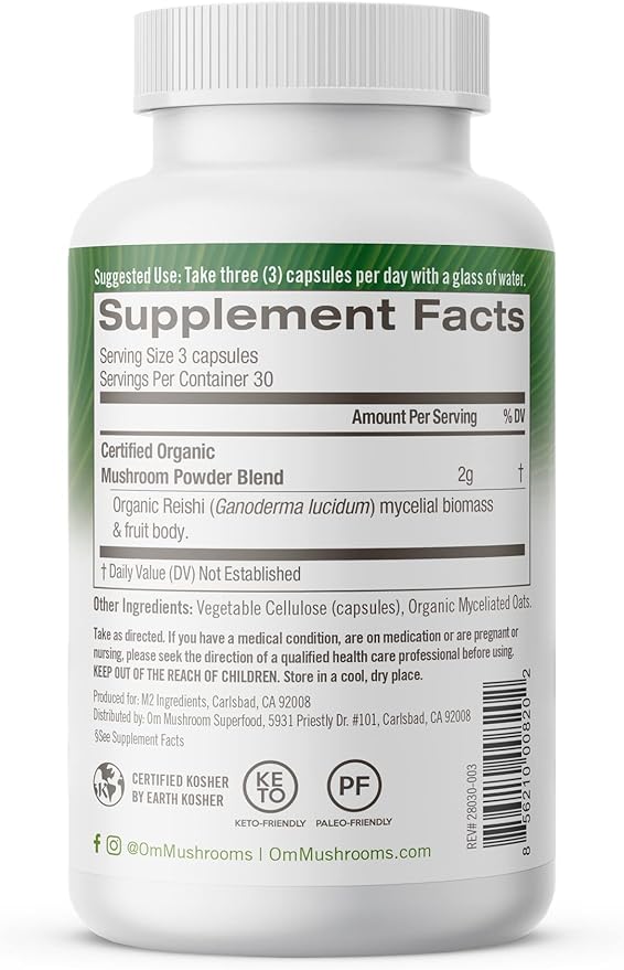 OM MUSHROOM SUPERFOOD Reishi Mushroom Capsules Superfood Supplement 90 Count 30 Days Organic Adaptogen for Stress Relief and Immune Health