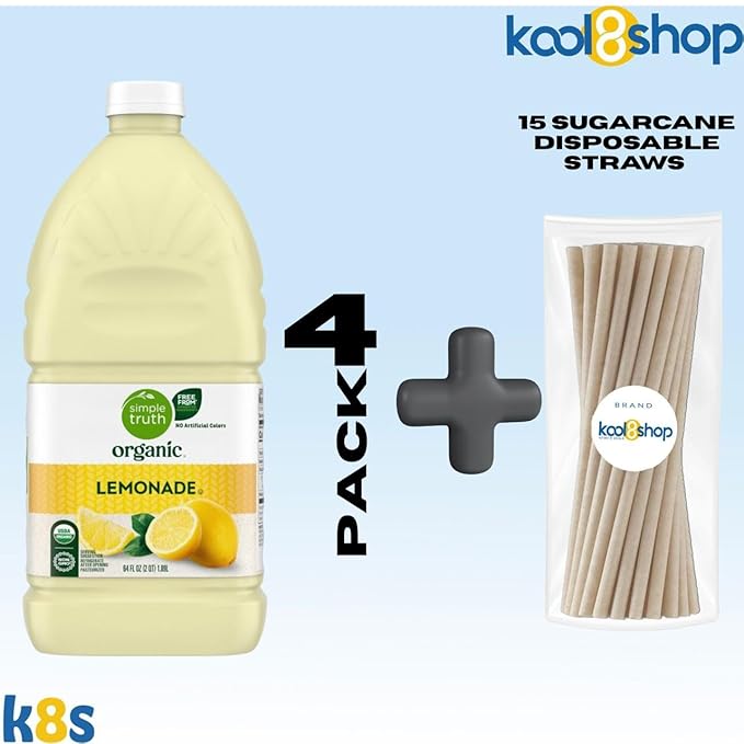 Simple Truth Organic Lemonade Fruit Juice 64 fl oz Plastic Bottles 4 Pack + 15 Sugarcane Disposable Straws by KOOL8SHOP Infinite Deals